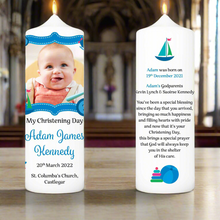 Load image into Gallery viewer, Personalised Christening Candle Blue Stitch