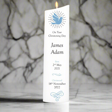 Load image into Gallery viewer, Personalised Oval Christening Candle Blue Dove