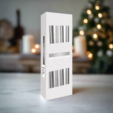 Load image into Gallery viewer, A box of 10 silver tapered dinner candles