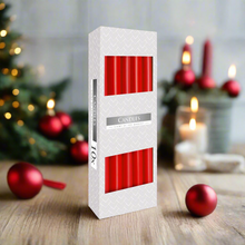 Load image into Gallery viewer, A box of 10 red tapered dinner candles