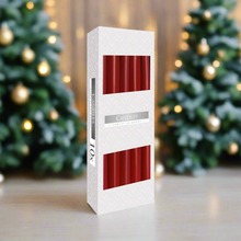 Load image into Gallery viewer, A box of 10 burgundy tapered dinner candles