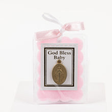 Load image into Gallery viewer, A miraculous medal encased in plastic with a pink bow and cloth. The blessing reads "God Bless Baby"