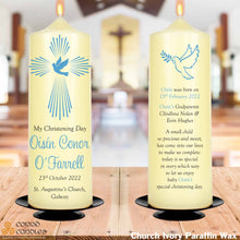 Load image into Gallery viewer, Personalised Christening Candle Blue Dove