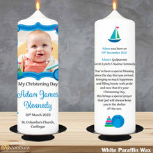 Load image into Gallery viewer, Personalised Christening Candle Blue Stitch
