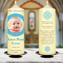 Load image into Gallery viewer, Personalised Christening Candle Round Celtic Knot Frame Blue