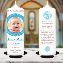 Load image into Gallery viewer, Personalised Christening Candle Round Celtic Knot Frame Blue