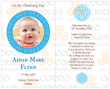 Load image into Gallery viewer, Personalised Christening Candle Round Celtic Knot Frame Blue