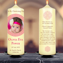 Load image into Gallery viewer, Personalised Christening Candle Round Celtic Knot Frame Pink