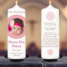 Load image into Gallery viewer, Personalised Christening Candle Round Celtic Knot Frame Pink