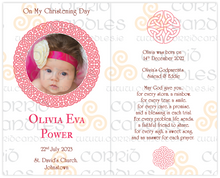 Load image into Gallery viewer, Personalised Christening Candle Round Celtic Knot Frame Pink