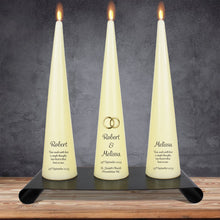 Load image into Gallery viewer, Personalised Wedding Cone Candles Gold Rings