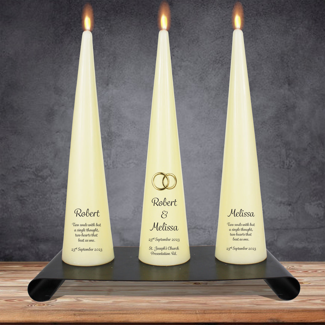 Personalised Wedding Cone Candles Gold Rings