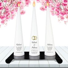 Load image into Gallery viewer, Personalised Wedding Cone Candles Gold Rings