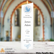 Load image into Gallery viewer, Personalised Oval Christening Candle Blue Dove