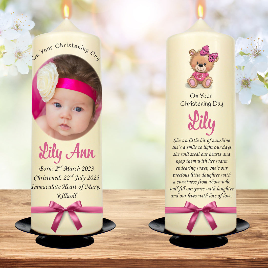 Personalised Christening Candle Pink Bow