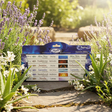Load image into Gallery viewer, A box of Stamford incense gift set featuring various scents such as Aloe Vera, Frankincense, Jasmine, Lavender, Sandalwood, and Vanilla.