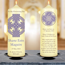 Load image into Gallery viewer, Personalised Christening  Candle Celtic Knot Cross Blue