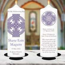 Load image into Gallery viewer, Personalised Christening  Candle Celtic Knot Cross Blue