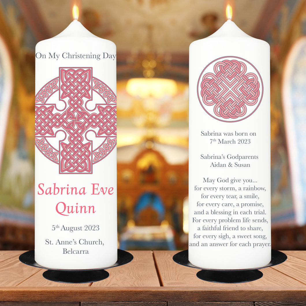 Personalised Christening  Candle Celtic Knot Cross Pink