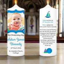 Load image into Gallery viewer, Personalised Christening Candle Blue Stitch
