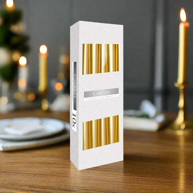 A box of 10 gold tapered dinner candles