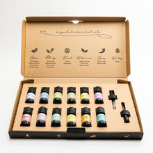 Load image into Gallery viewer, Set of essential oil bottles in a cardboard box with labels on a white background
