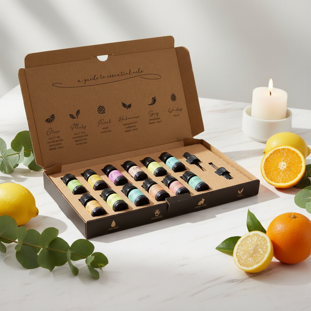 Aromatherapy gift set box with 12 pure essential oils displayed with citrus fruit and a lit candle on a marble table, wellness and relaxation theme