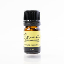 Load image into Gallery viewer, A 5ml bottle of Citronella essential oil with a black cap on a white background
