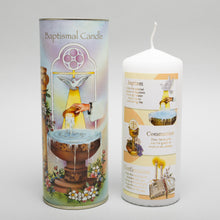 Load image into Gallery viewer, Baptismal candle with packaging featuring religious symbols on a white background
