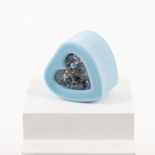 Load image into Gallery viewer, A blue heart shaped rosary box with a blue rosary seen through the clear window on the box.
