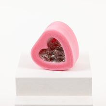 Load image into Gallery viewer, A Heart-shaped pink rosary beads box with pink rosary beads seen through the clear window on the box.
