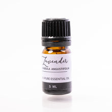 Load image into Gallery viewer, Lavender essential oil bottle with a lavender label on a white background
