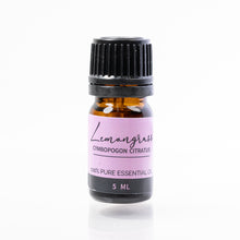 Load image into Gallery viewer, Small bottle of lemongrass essential oil with a pink label on a white background
