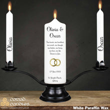 Load image into Gallery viewer, Personalised Wedding Candles Gold Rings
