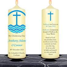 Load image into Gallery viewer, Personalised Christening Candle Blue Cross
