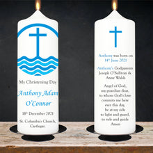 Load image into Gallery viewer, Personalised Christening Candle Blue Cross

