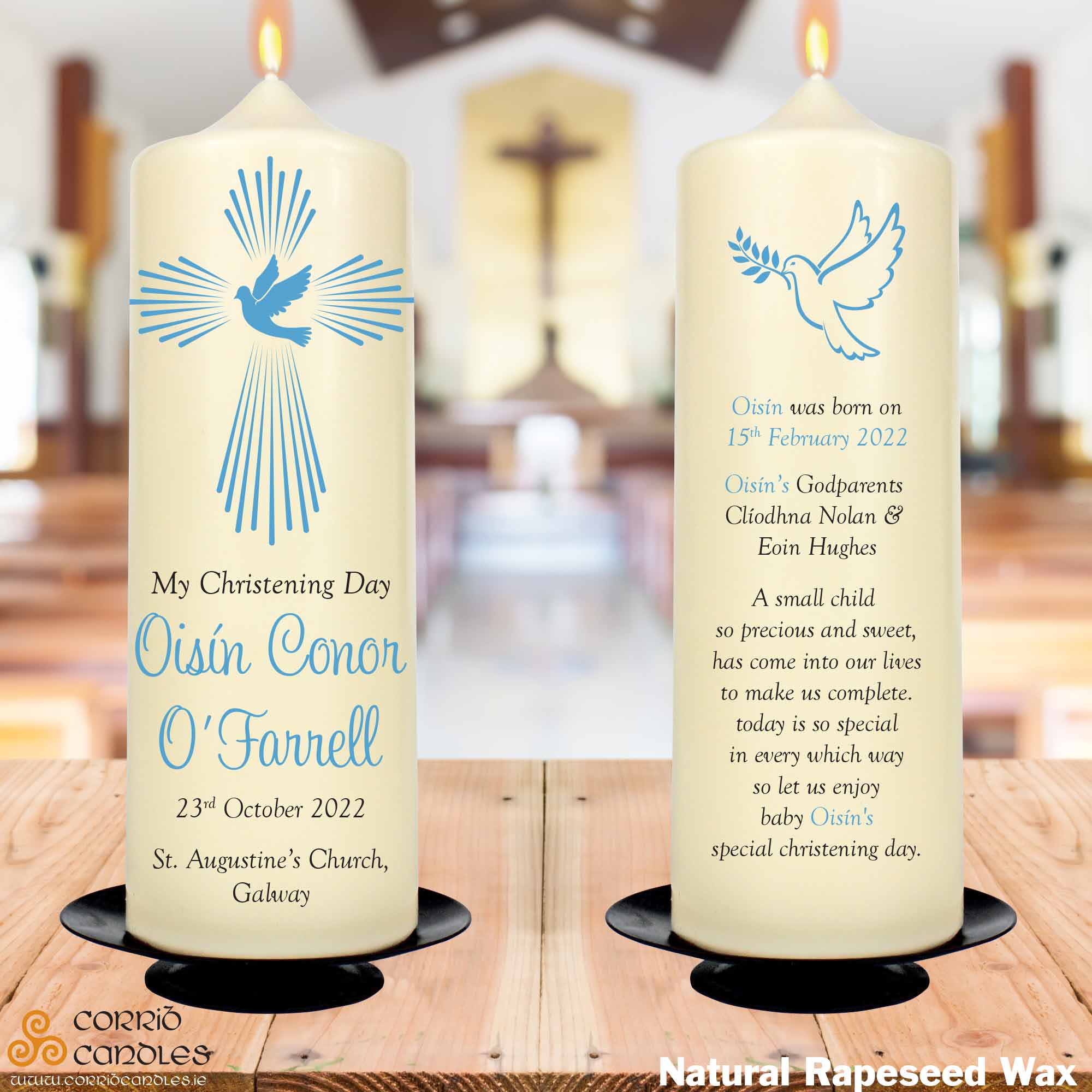 Personalised Christening Candle Blue Dove
