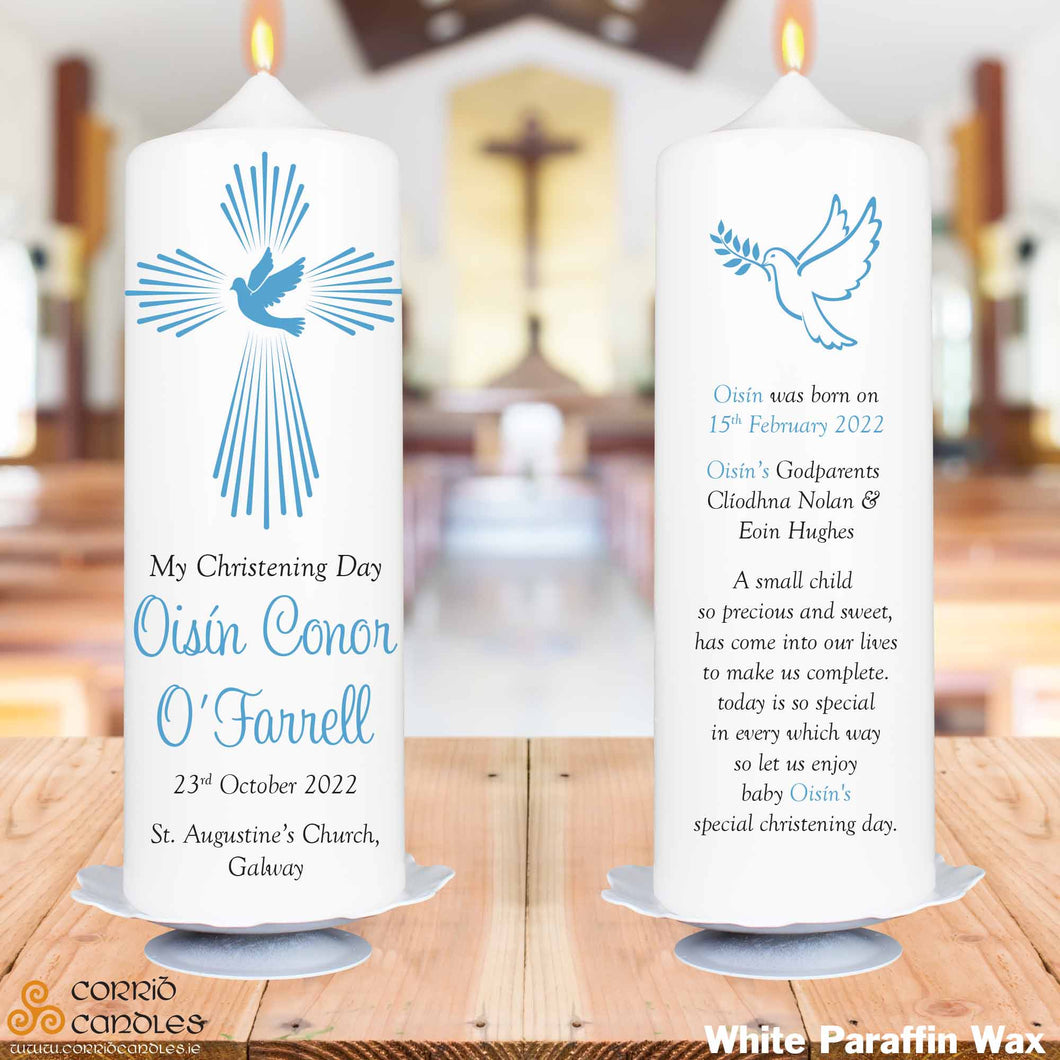 Personalised Christening Candle Blue Dove