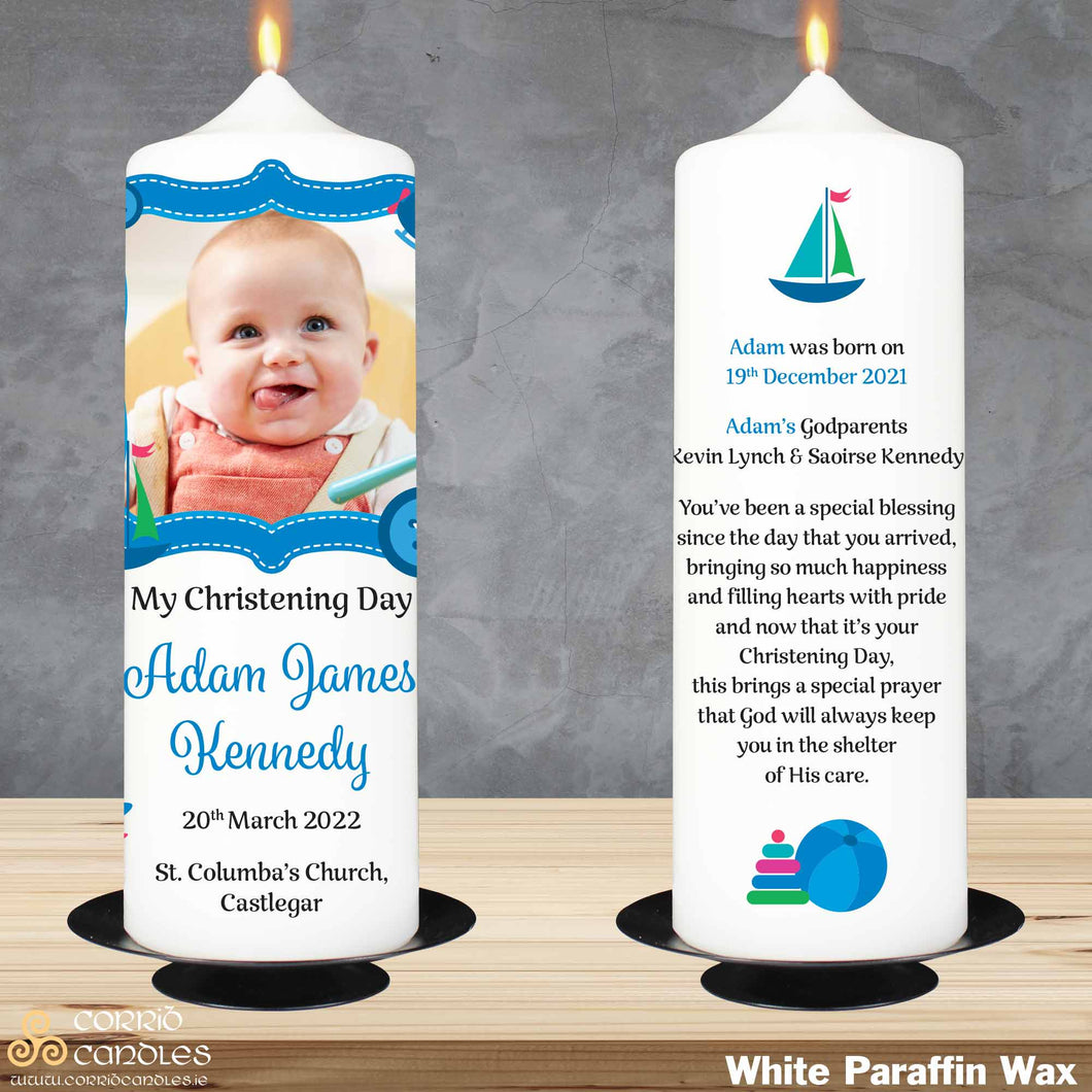 Personalised Christening Candle Blue Stitch