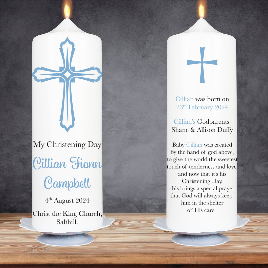 Personalised Baptism Candle Blue Cross