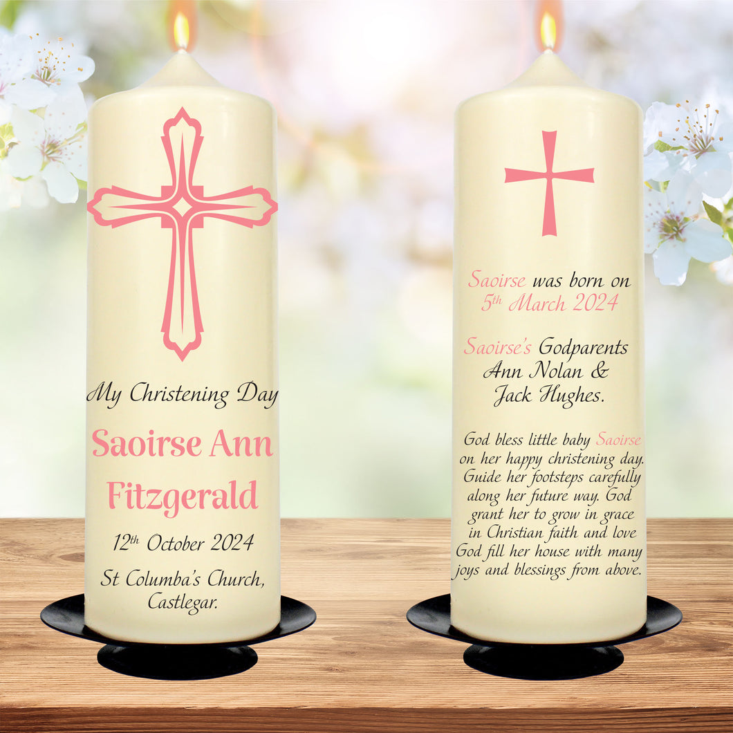 Personalised Baptism Candle Pink Cross