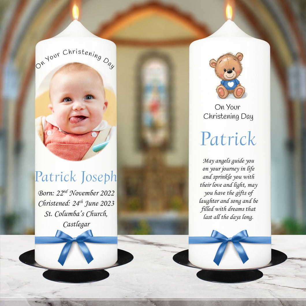Personalised Christening Candle Blue Bow