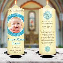 Load image into Gallery viewer, Personalised Christening Candle Round Celtic Knot Frame Blue
