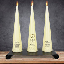 Load image into Gallery viewer, Personalised Wedding Cone Candles Gold Rings
