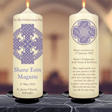 Load image into Gallery viewer, Personalised Christening  Candle Celtic Knot Cross Blue
