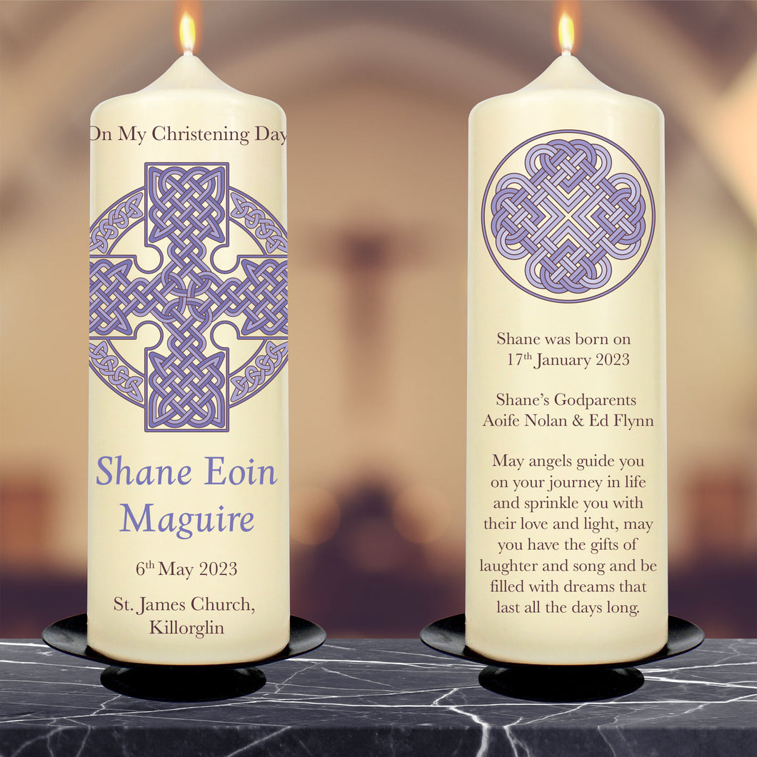 Personalised Christening  Candle Celtic Knot Cross Blue
