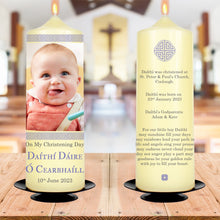 Load image into Gallery viewer, Personalised Christening Candle Celtic Knot Frame Blue
