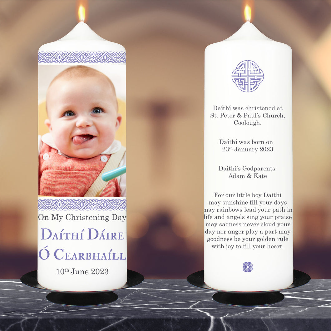 Personalised Christening Candle Celtic Knot Frame Blue