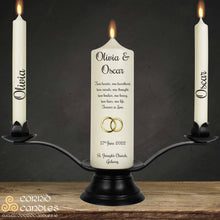 Load image into Gallery viewer, Personalised Wedding Candles Gold Rings
